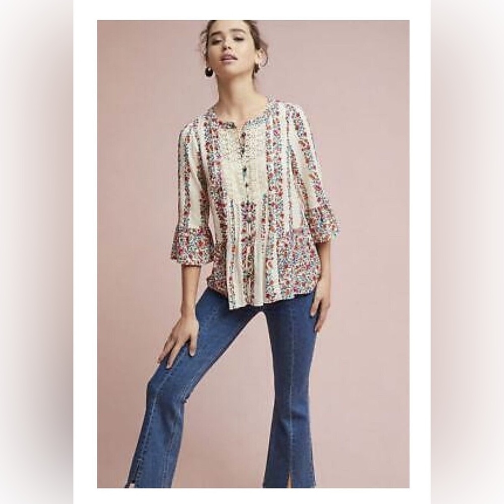 Anthropologie Maeve Floral Hiver Ivory Blouse Lace Button up Top Women's Size 8